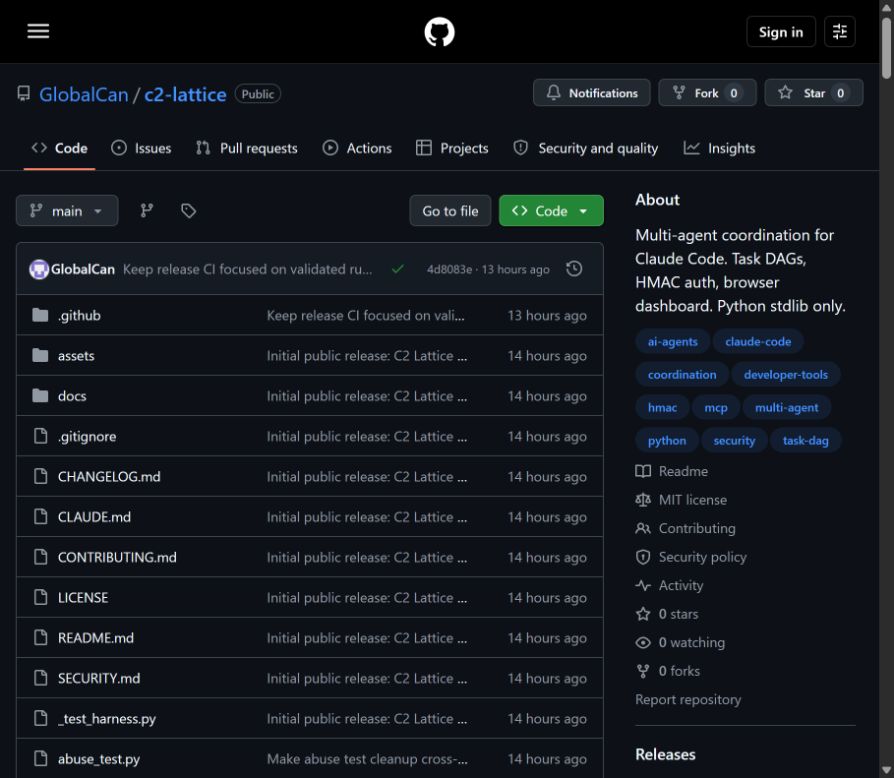 Public C2 Lattice repository showing successful commit status, source files, and system description