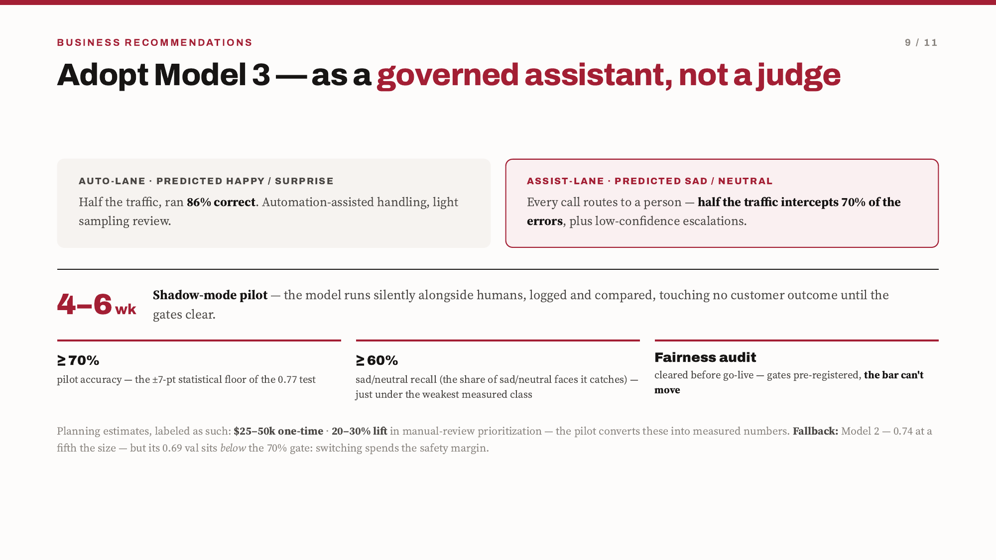 Final MIT capstone slide recommending governed deployment with auto and assist lanes plus shadow-pilot gates